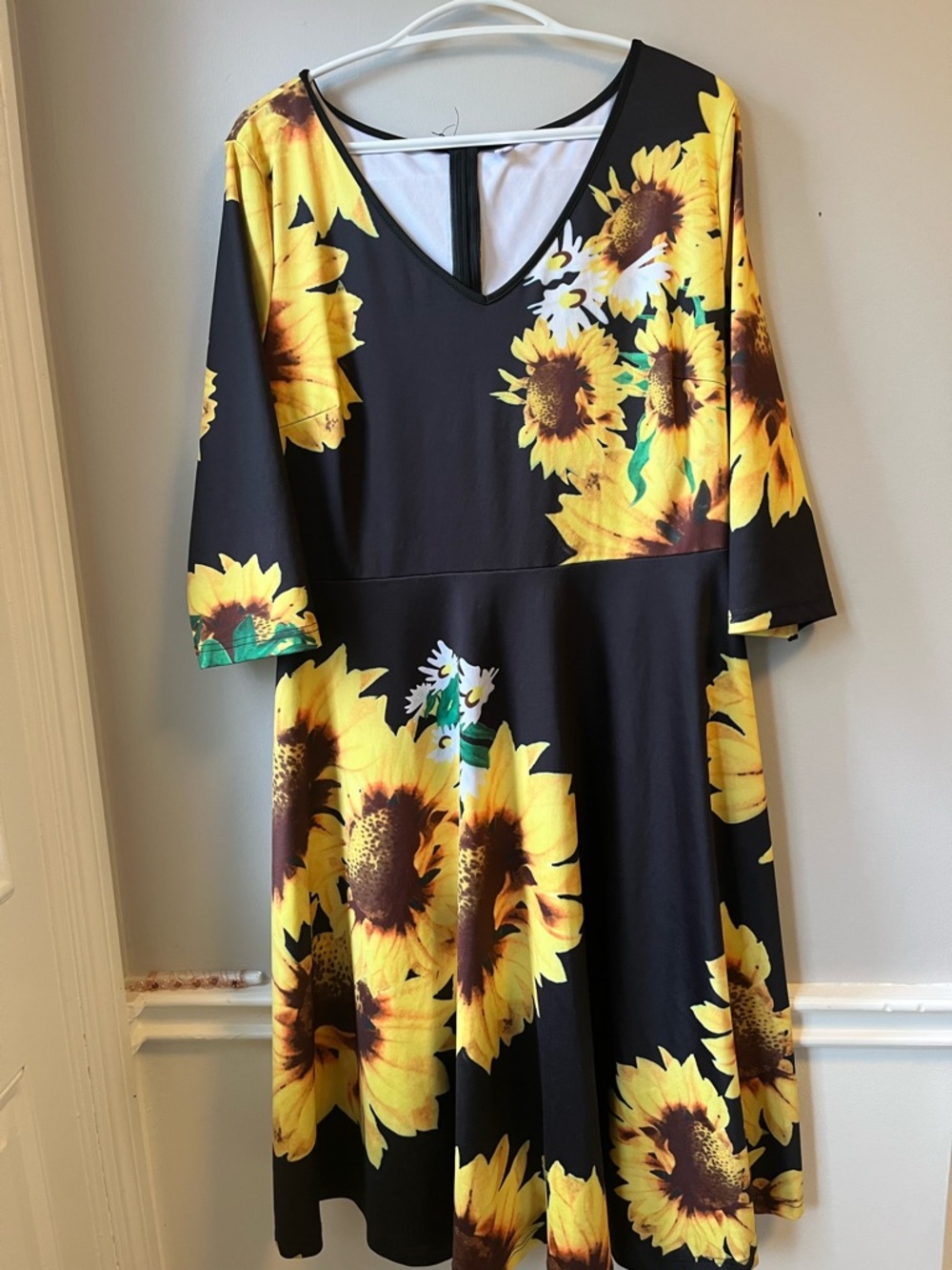 Black Sunflower Print A-Line Dress - Yellow Floral